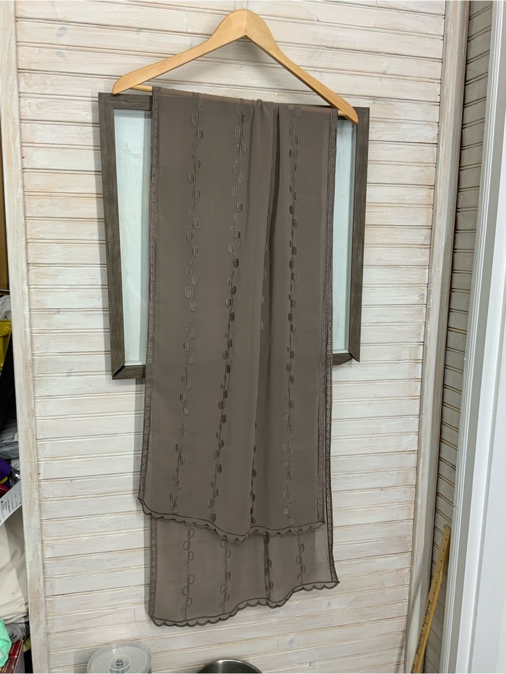Chico's Taupe Scarf Wrap 70”x17” Sheer Embroidered